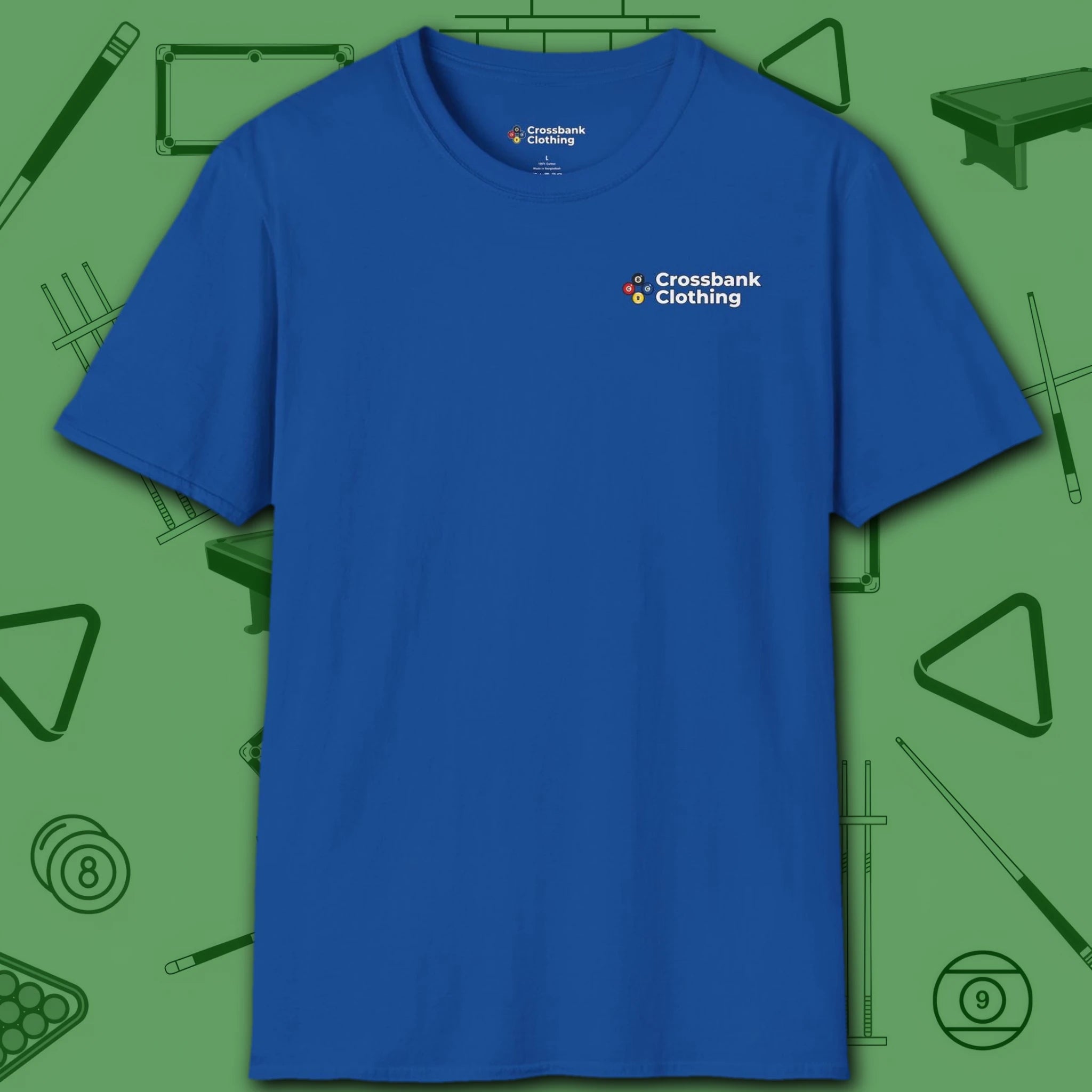 Wanted Pool Shark T-Shirt, in Royal color, billiards shirt, front view