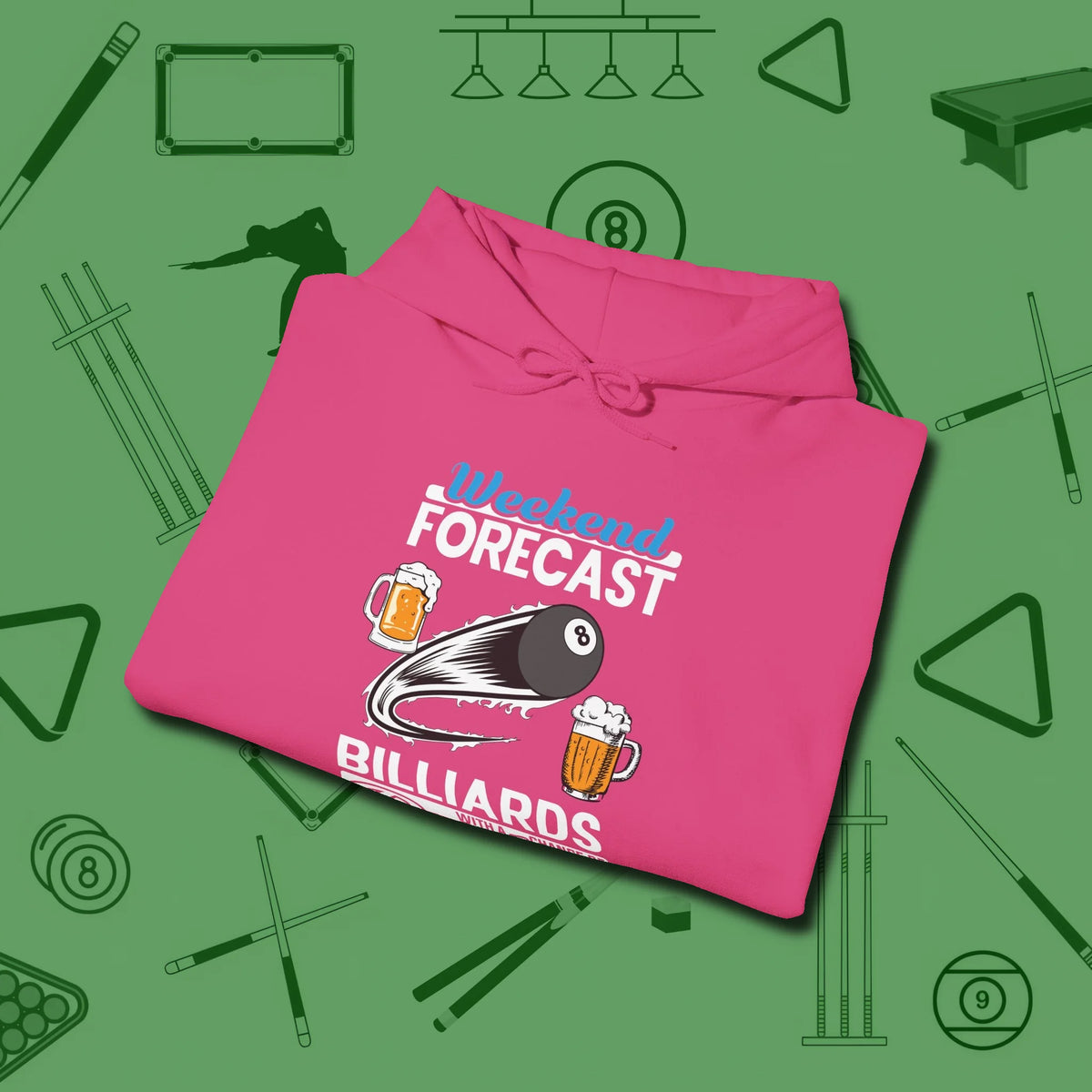 Weekend Forecast Hoodie, folded view, in Heliconia tough like your favorite break cue