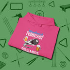 Weekend Forecast Hoodie, folded view, in Heliconia tough like your favorite break cue