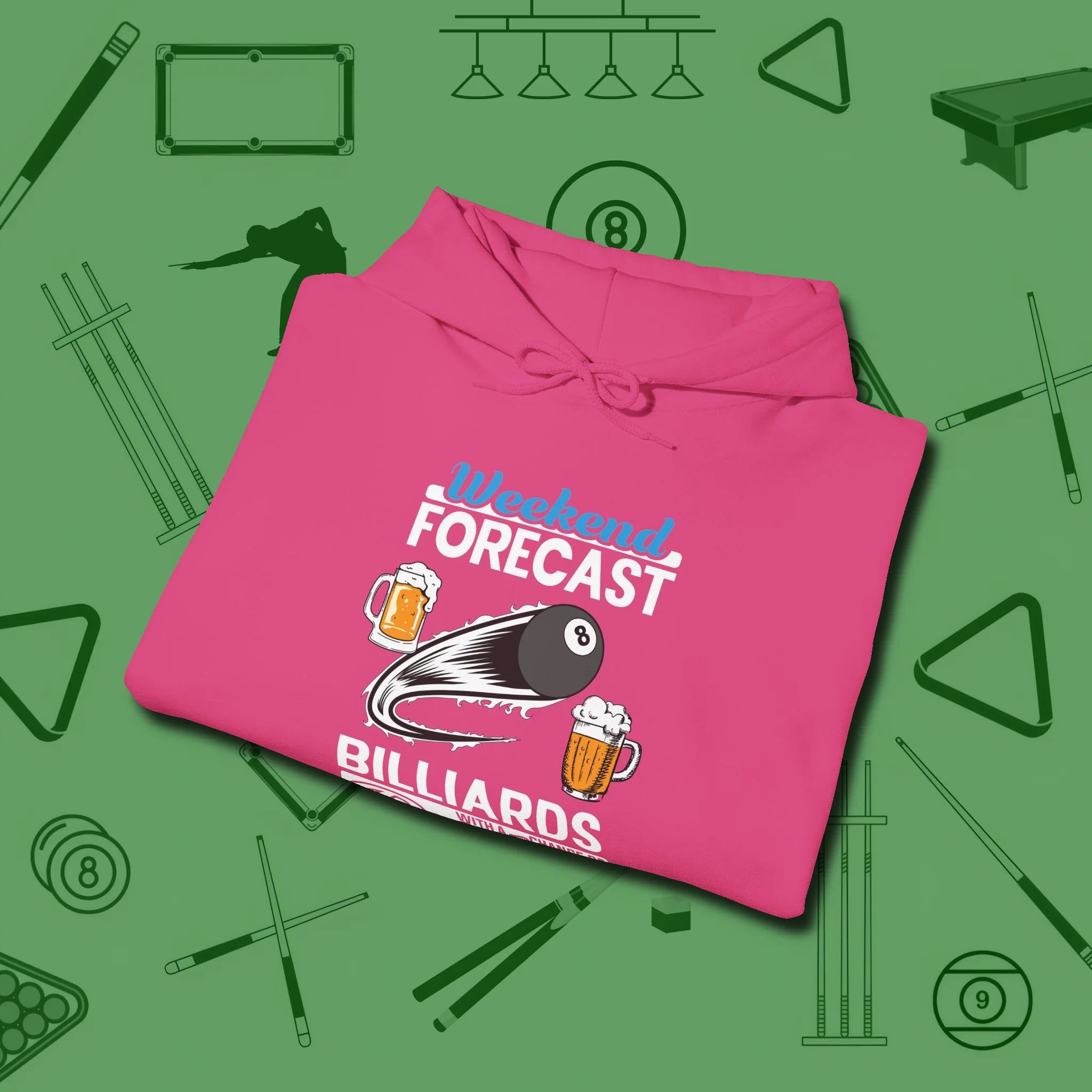 Weekend Forecast Hoodie, folded view, in Heliconia tough like your favorite break cue