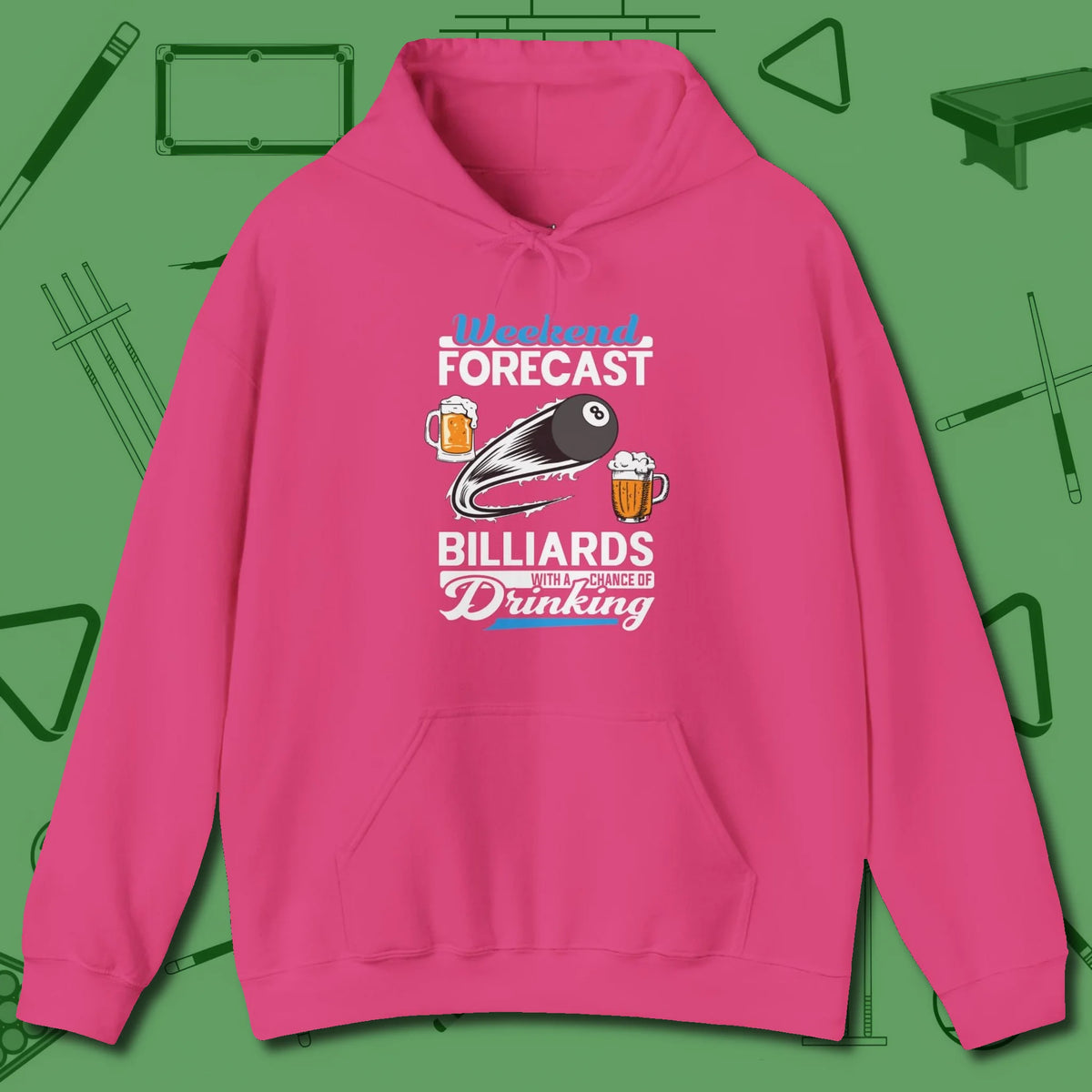 Weekend Forecast Hoodie, front view, in Heliconia put your best game on display