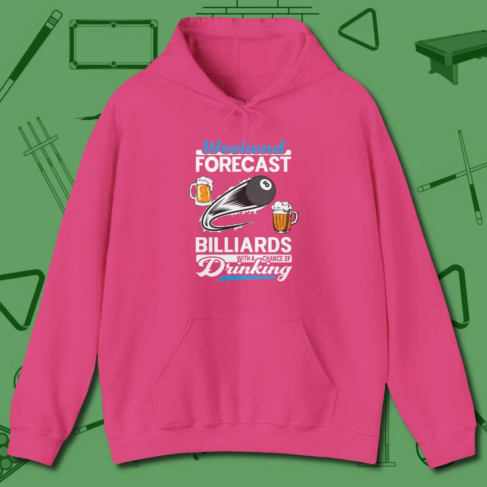 Weekend Forecast Hoodie, front view, in Heliconia put your best game on display