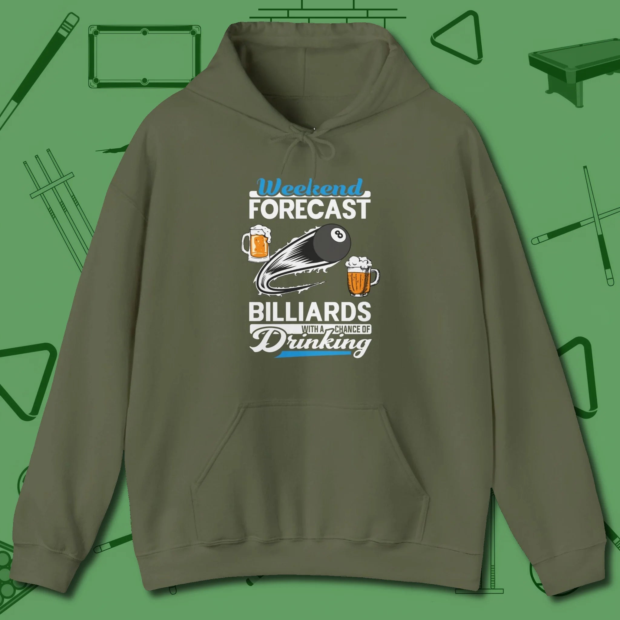 Weekend Forecast Hoodie, front view, in Military Green cool under pressure, hot on the eyes