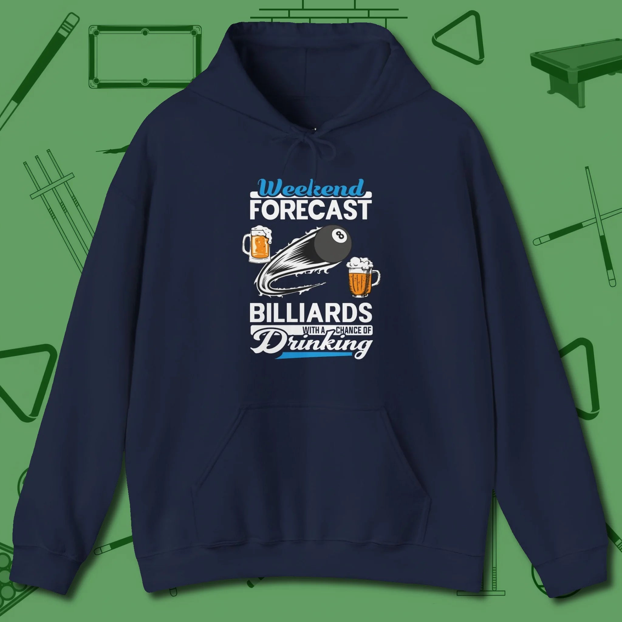 Weekend Forecast Hoodie, front view, in Navy as serious as your stroke