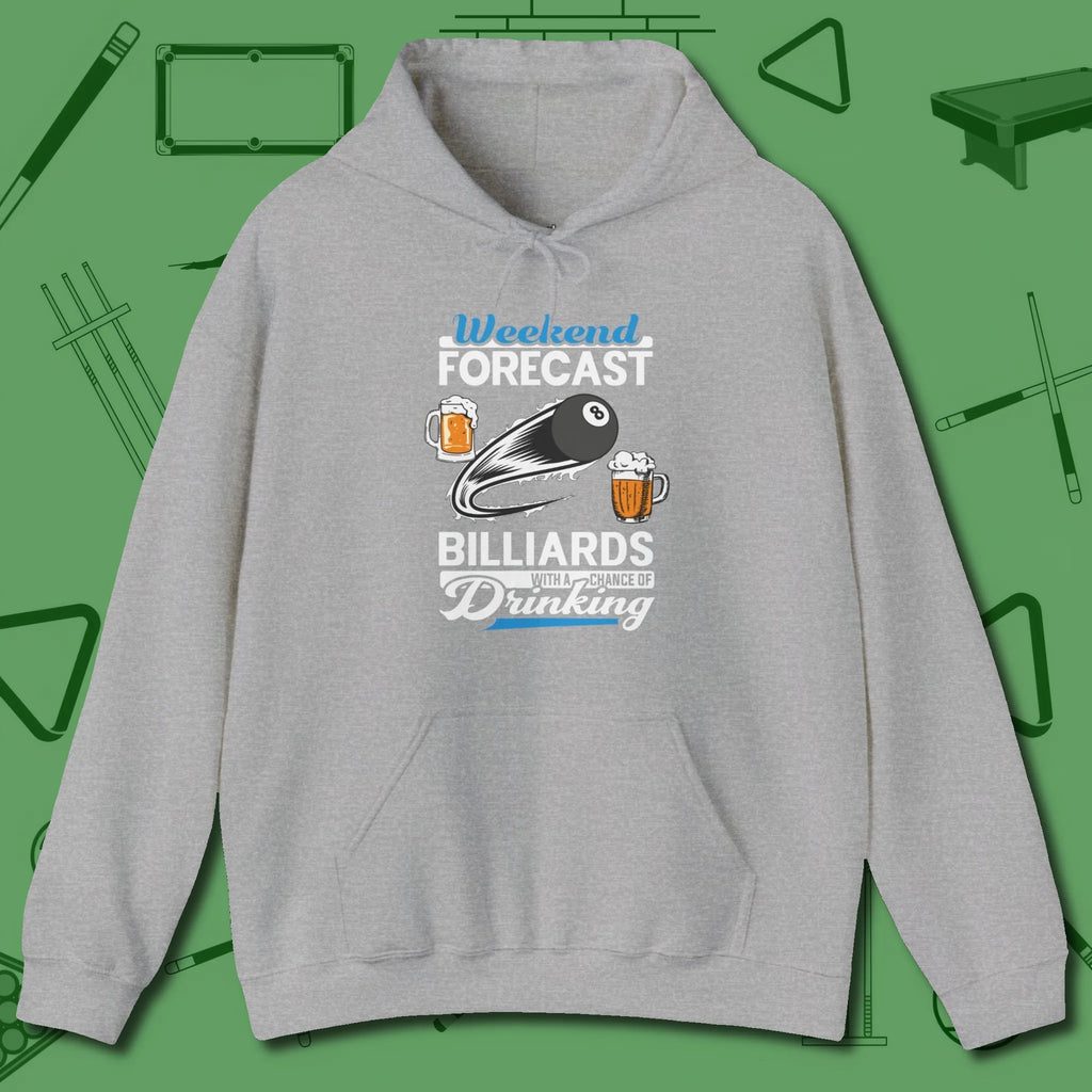 Weekend Forecast Hoodie, front view, in Sport Grey poolroom style with tournament attitude