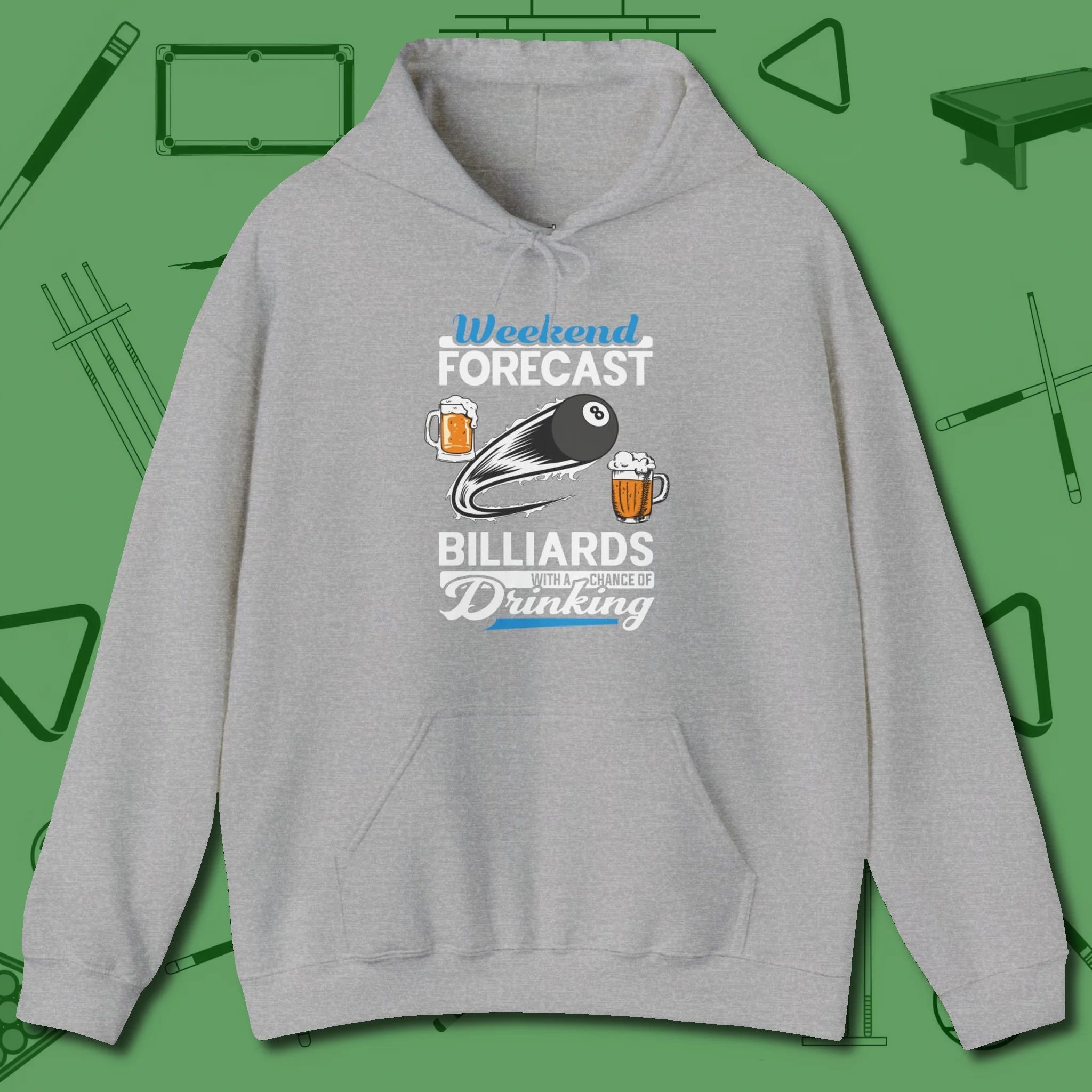 Weekend Forecast Hoodie, front view, in Sport Grey poolroom style with tournament attitude