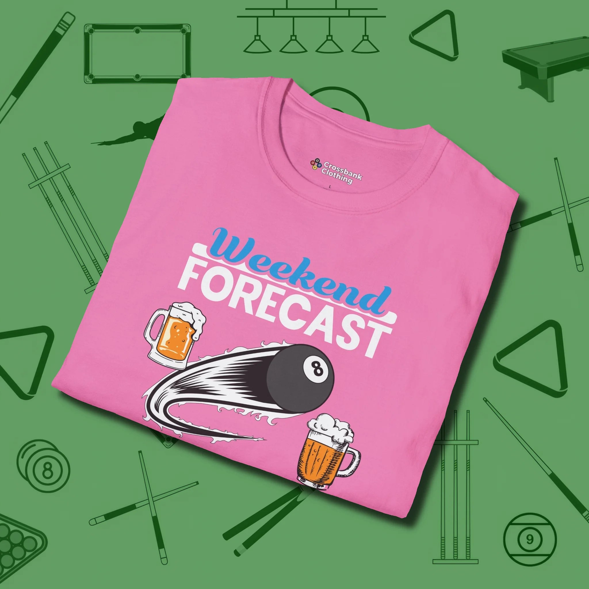 Weekend Forecast T-Shirt, folded view, in Azalea not your average 8-ball graphic tee