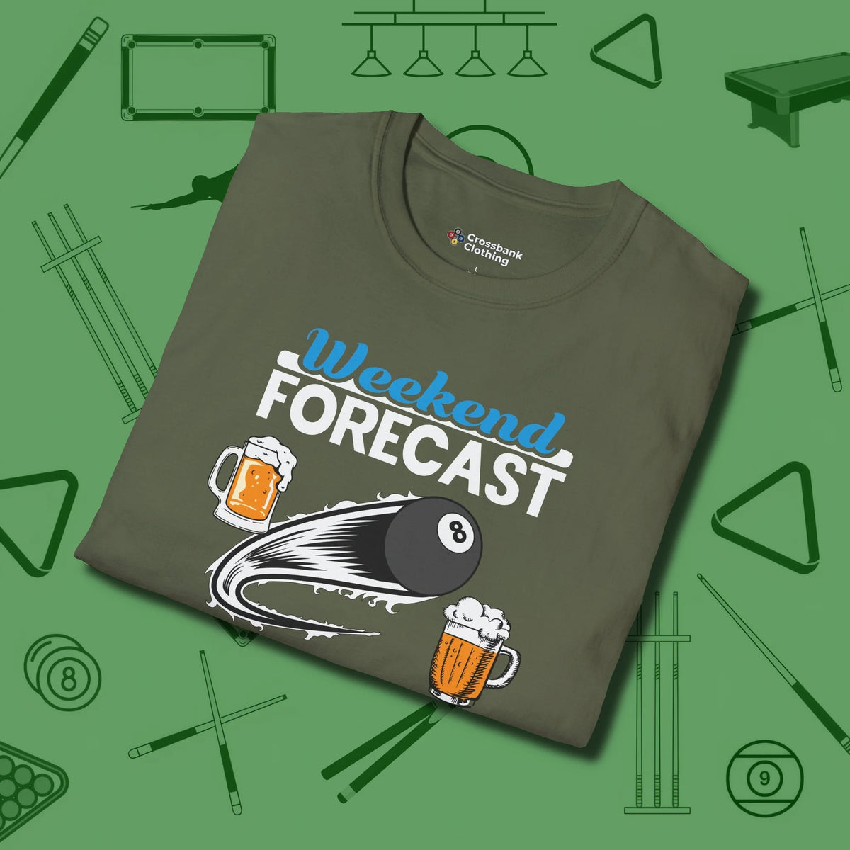 Weekend Forecast T-Shirt, folded view, in Military Green not your average 8-ball graphic tee