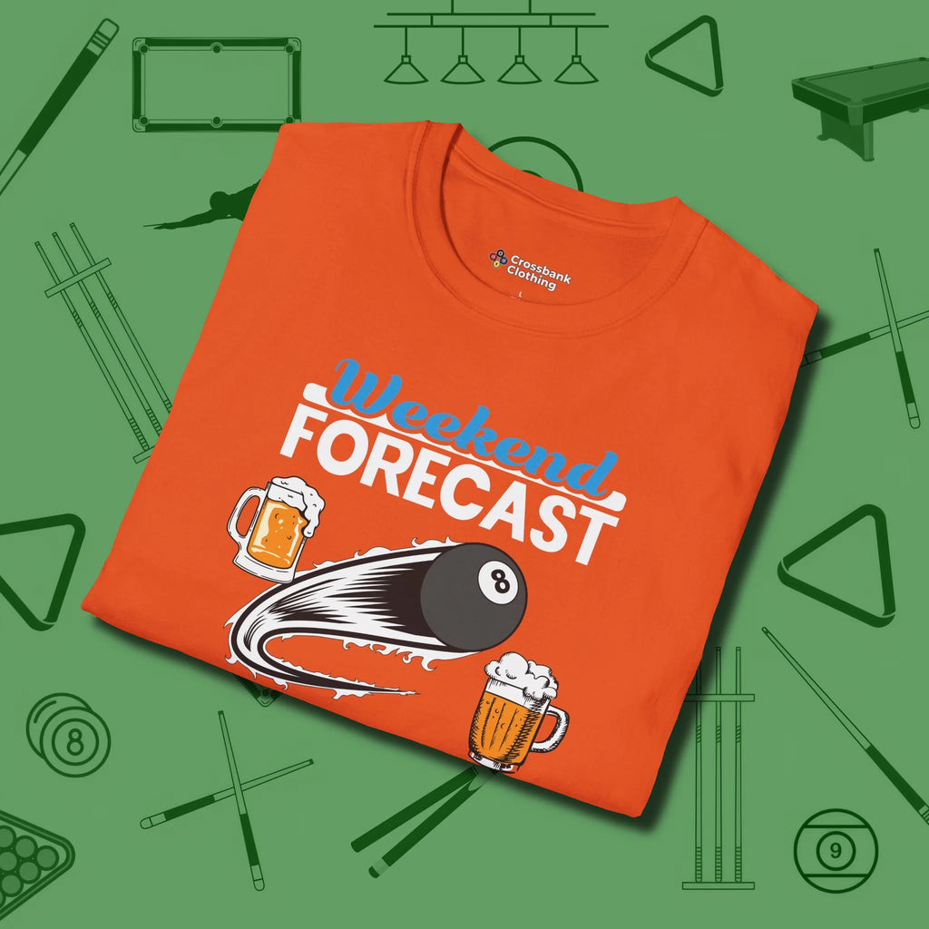 Weekend Forecast T-Shirt, folded view, in Orange clean lines for dirty minds