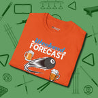 Weekend Forecast T-Shirt, folded view, in Orange clean lines for dirty minds