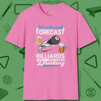Weekend Forecast T-Shirt, front view, in Azalea the official uniform of the after-hours crew
