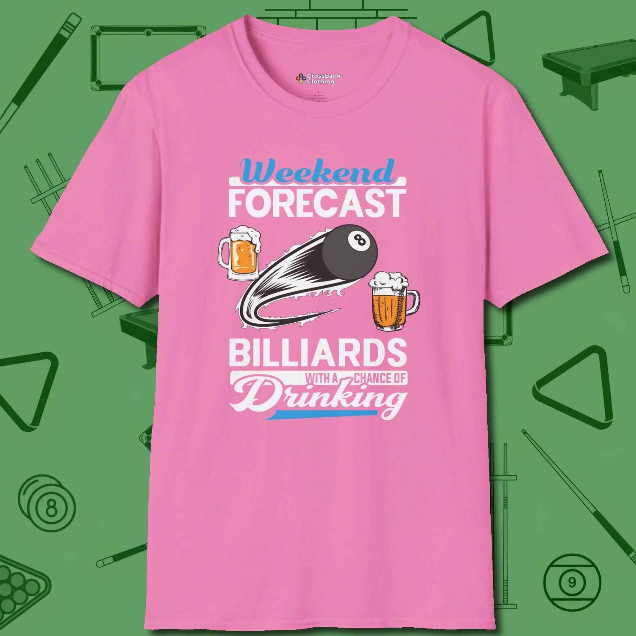 Weekend Forecast T-Shirt, front view, in Azalea the official uniform of the after-hours crew