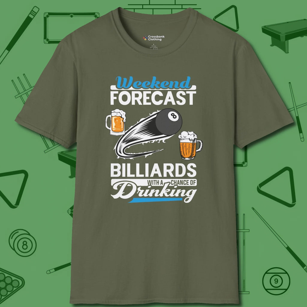 Weekend Forecast T-Shirt, front view, in Military Green smart enough for the felt and the street