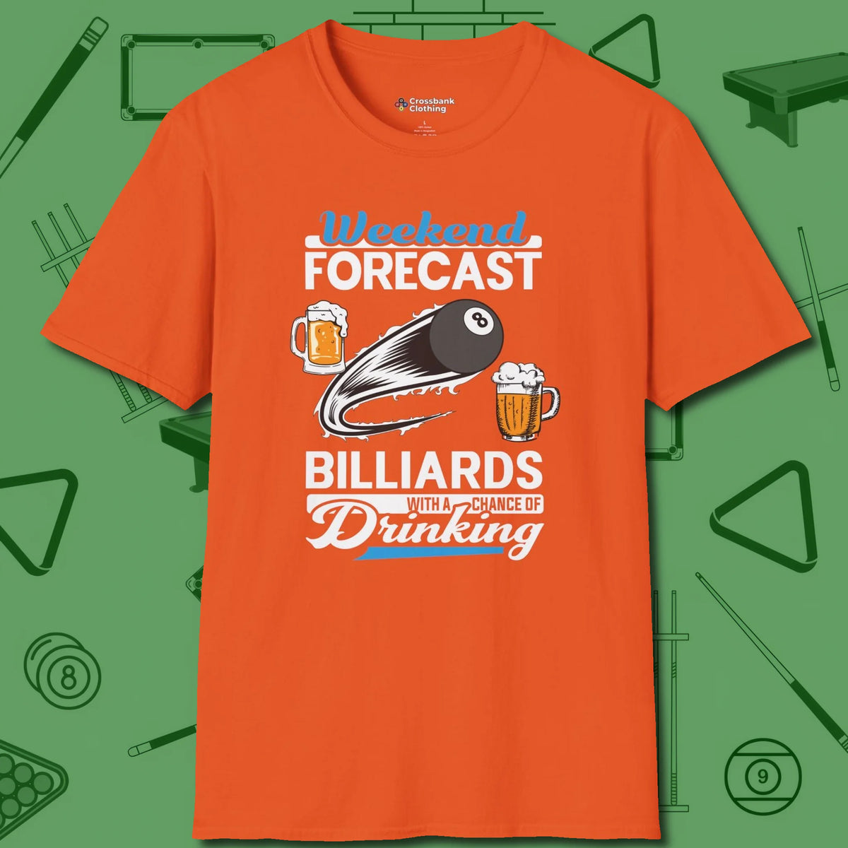 Weekend Forecast T-Shirt, front view, in Orange fashion with break-and-run energy