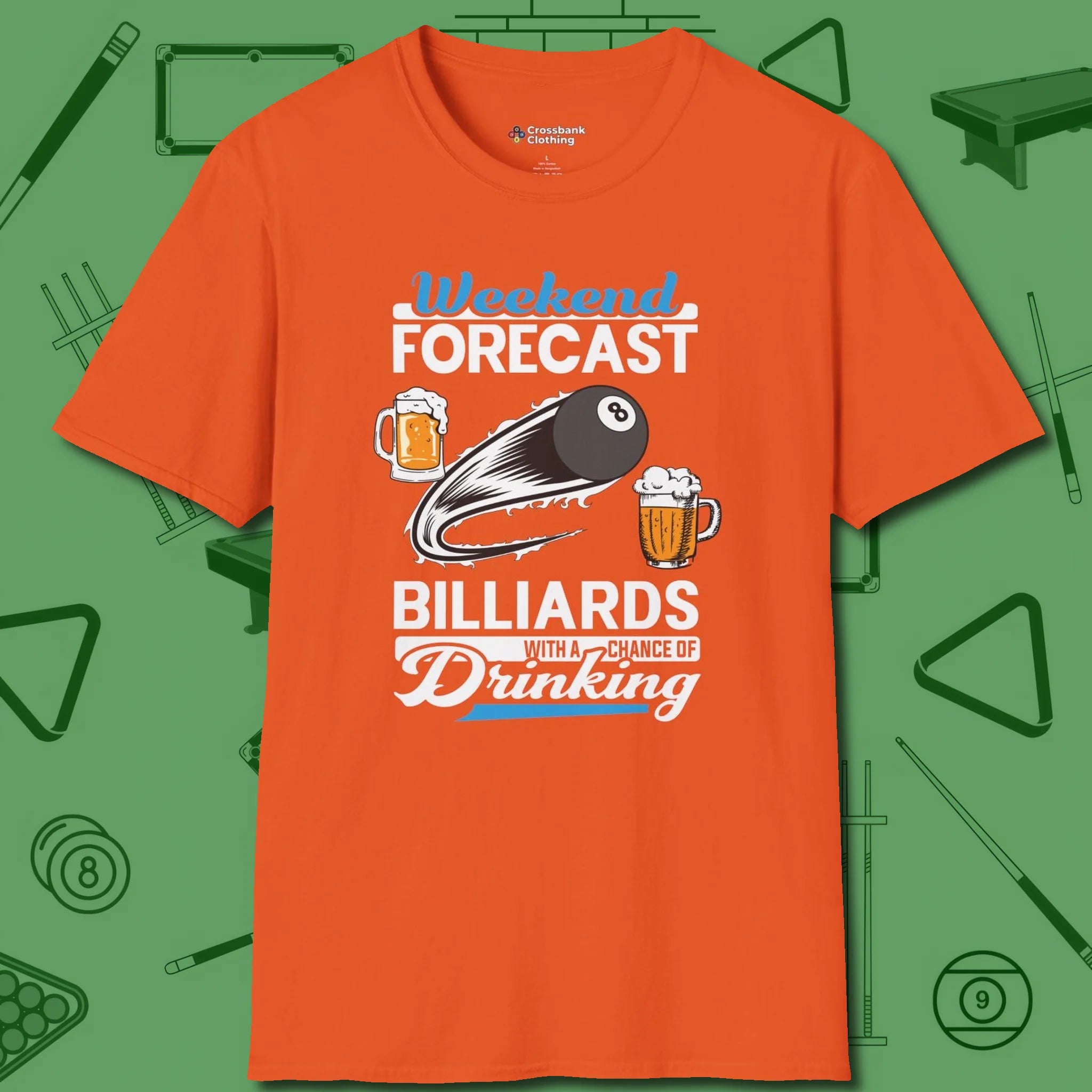 Weekend Forecast T-Shirt, front view, in Orange fashion with break-and-run energy