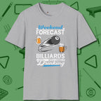Weekend Forecast T-Shirt, front view, in Sport Grey poolroom style with tournament attitude