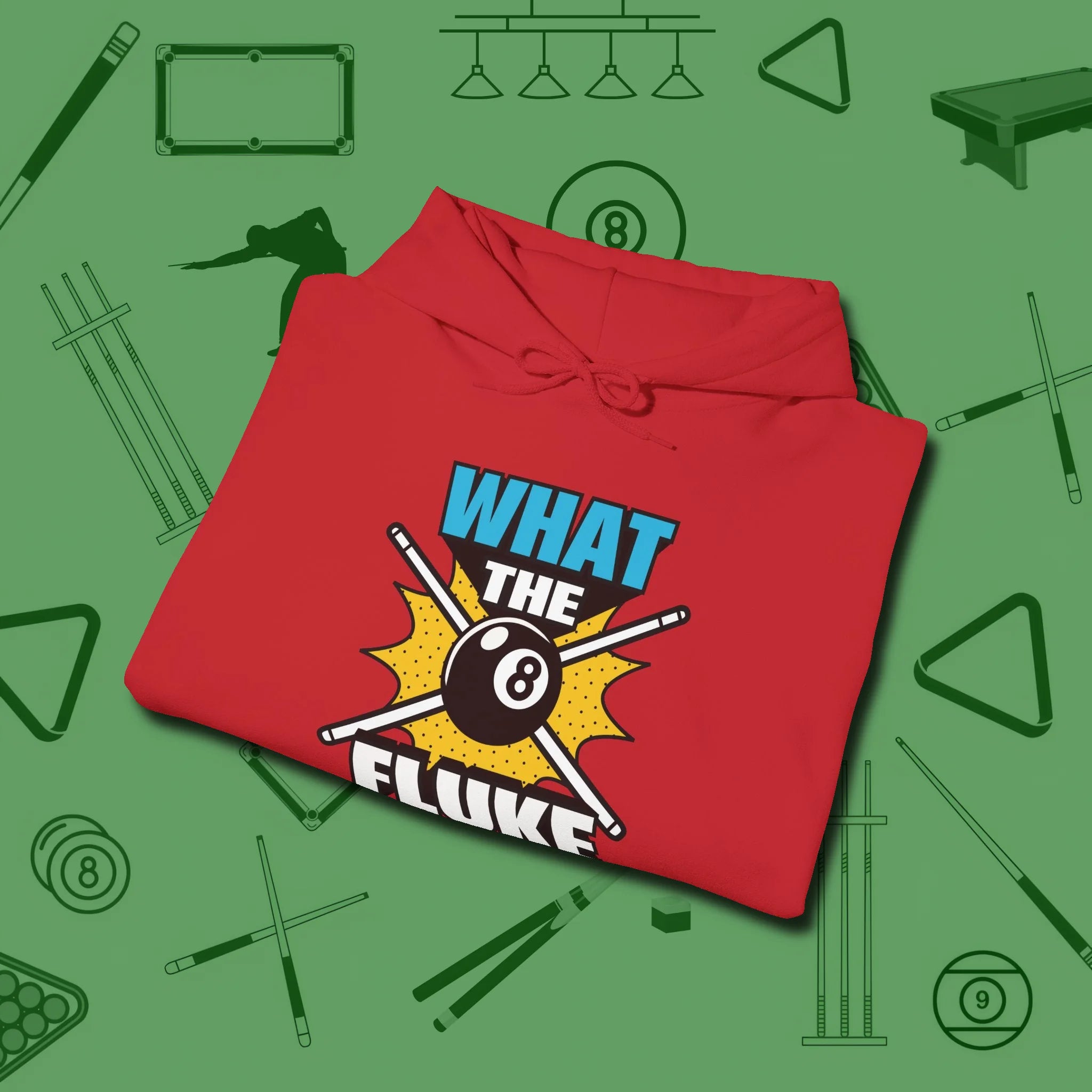 What The Fluke Funny Hoodie, folded view, in Red look good while calling your pocket