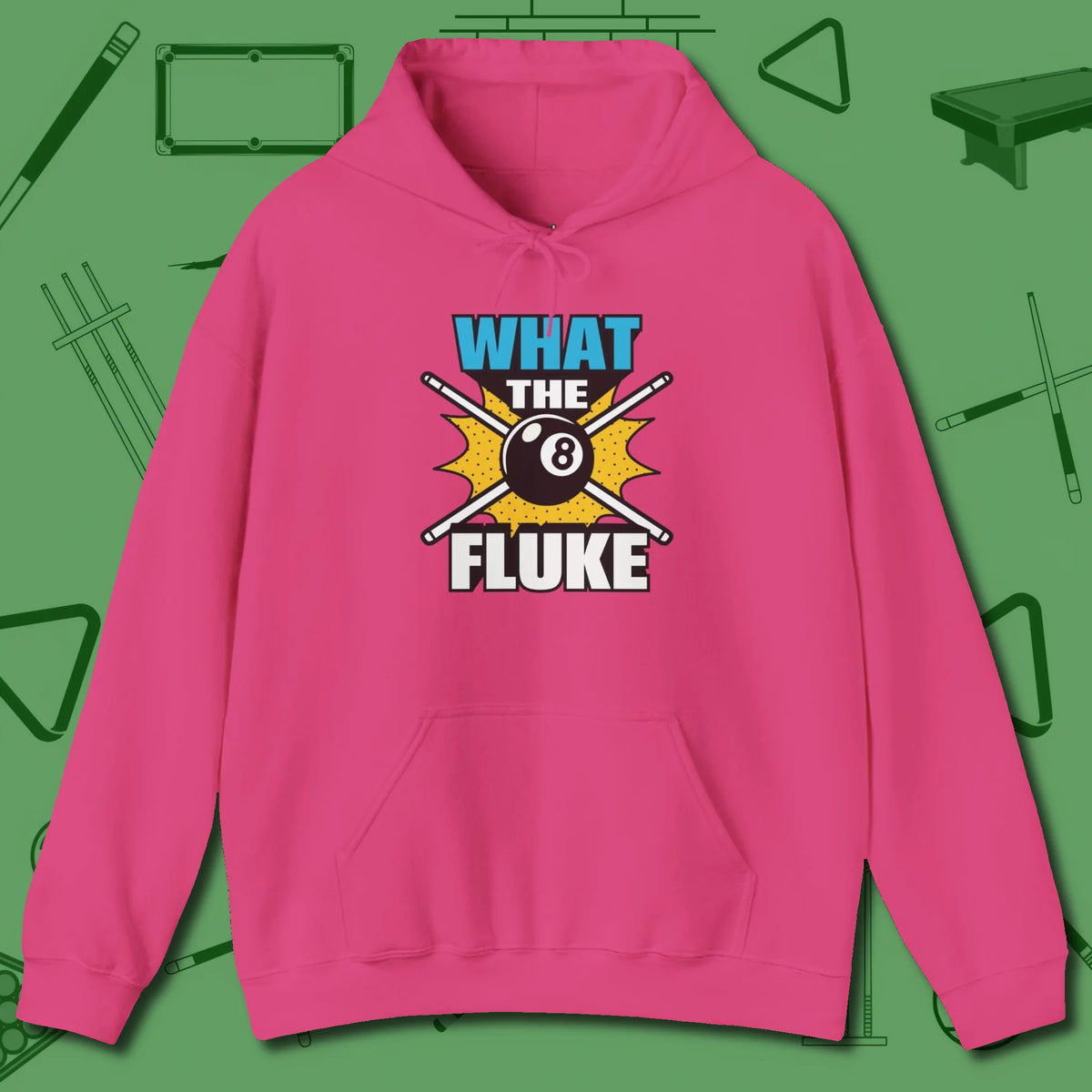 What The Fluke Funny Hoodie, front view, in Heliconia confidence stitched in every seam