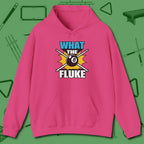 What The Fluke Funny Hoodie, front view, in Heliconia confidence stitched in every seam