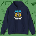 What The Fluke Funny Hoodie, front view, in Navy break, run out, turn heads — repeat