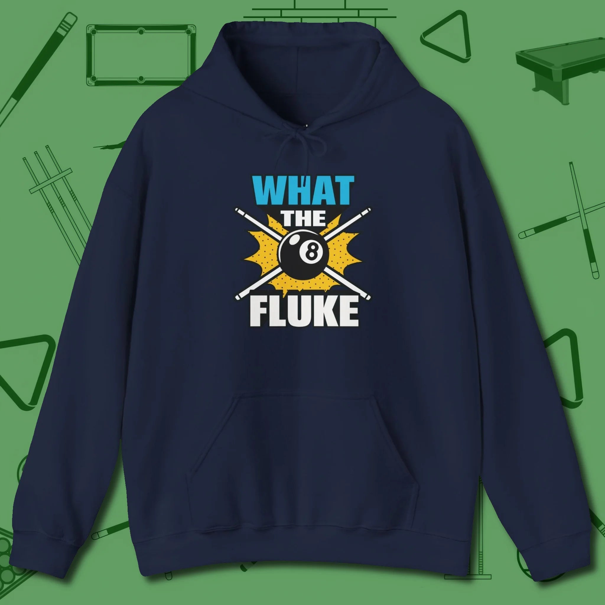 What The Fluke Funny Hoodie, front view, in Navy break, run out, turn heads — repeat
