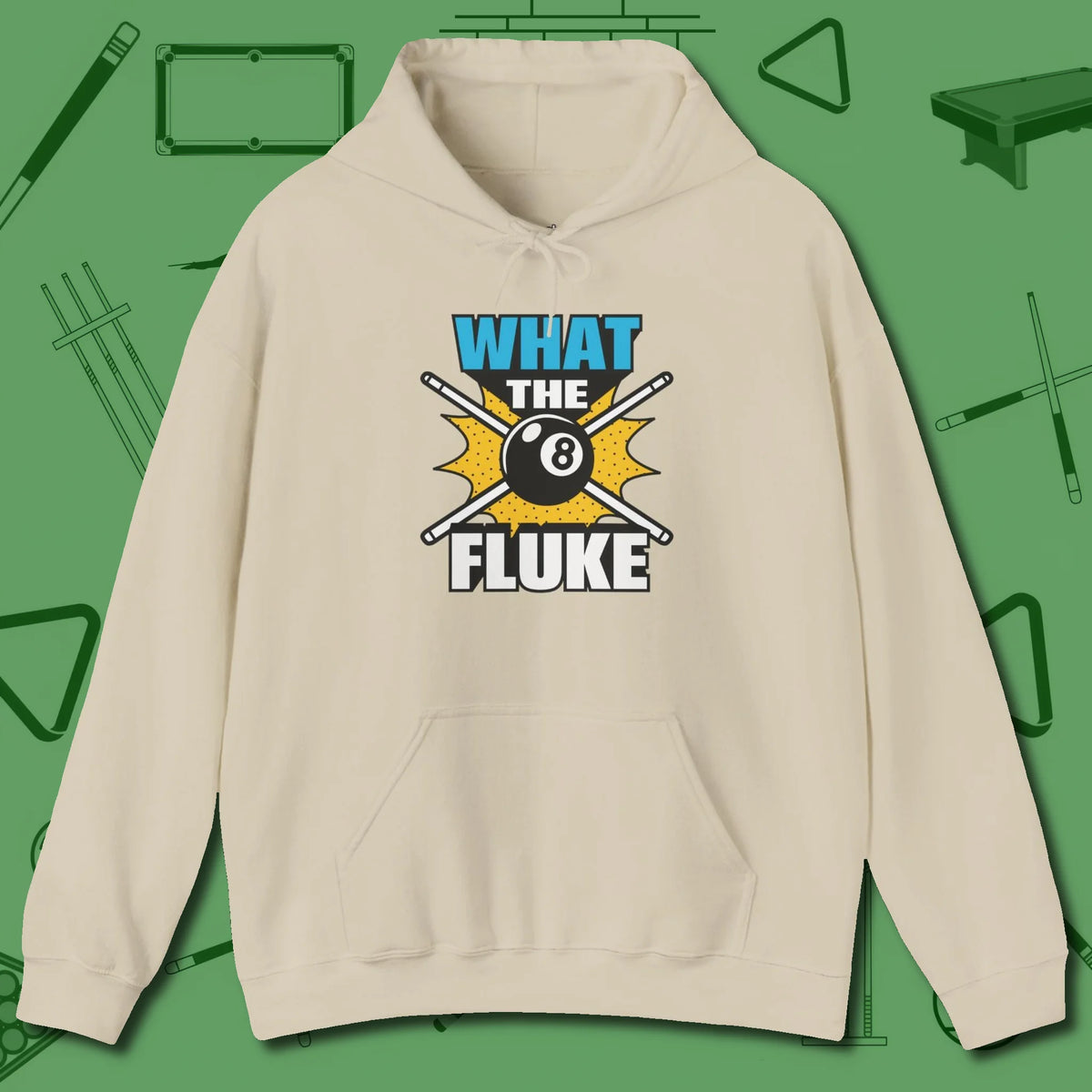 What The Fluke Funny Hoodie, front view, in Sand confidence stitched in every seam