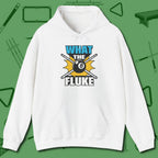 What The Fluke Funny Hoodie, front view, in White cue up respect every time you wear it