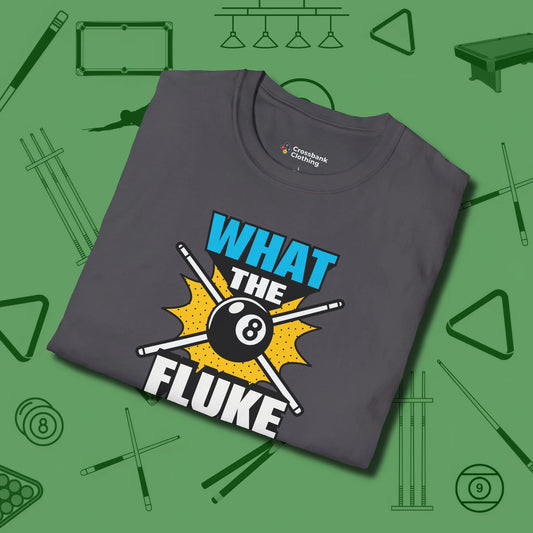 What The Fluke Funny T-Shirt, folded view, in Charcoal confidence stitched in every seam