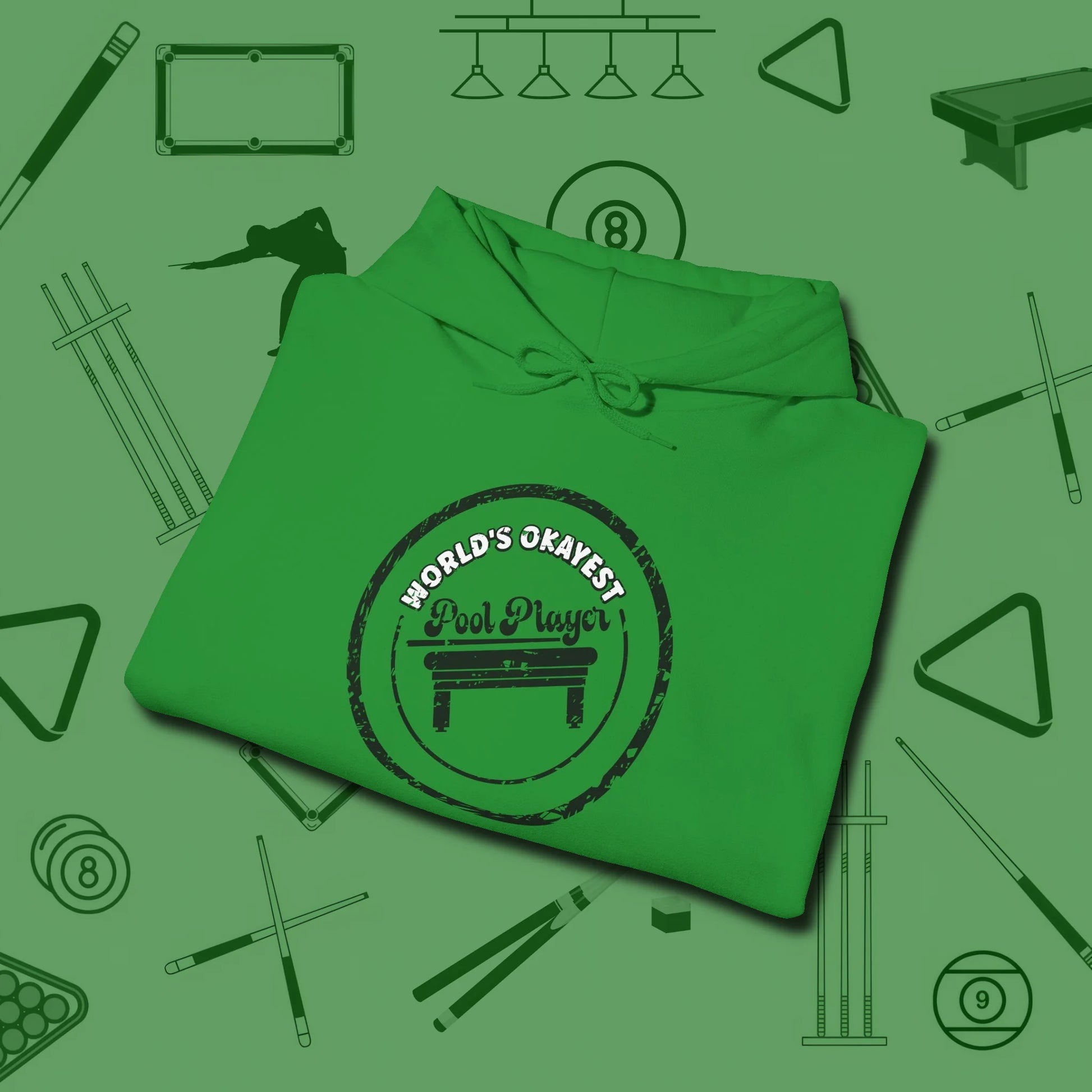 World's Okayest Stamp Hoodie, folded view, in Irish Green the official uniform of the after-hours crew