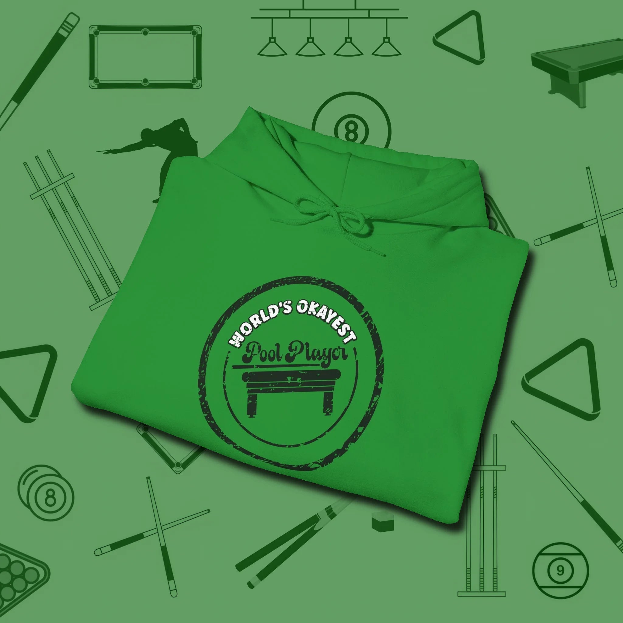 World's Okayest Stamp Hoodie, folded view, in Irish Green the official uniform of the after-hours crew