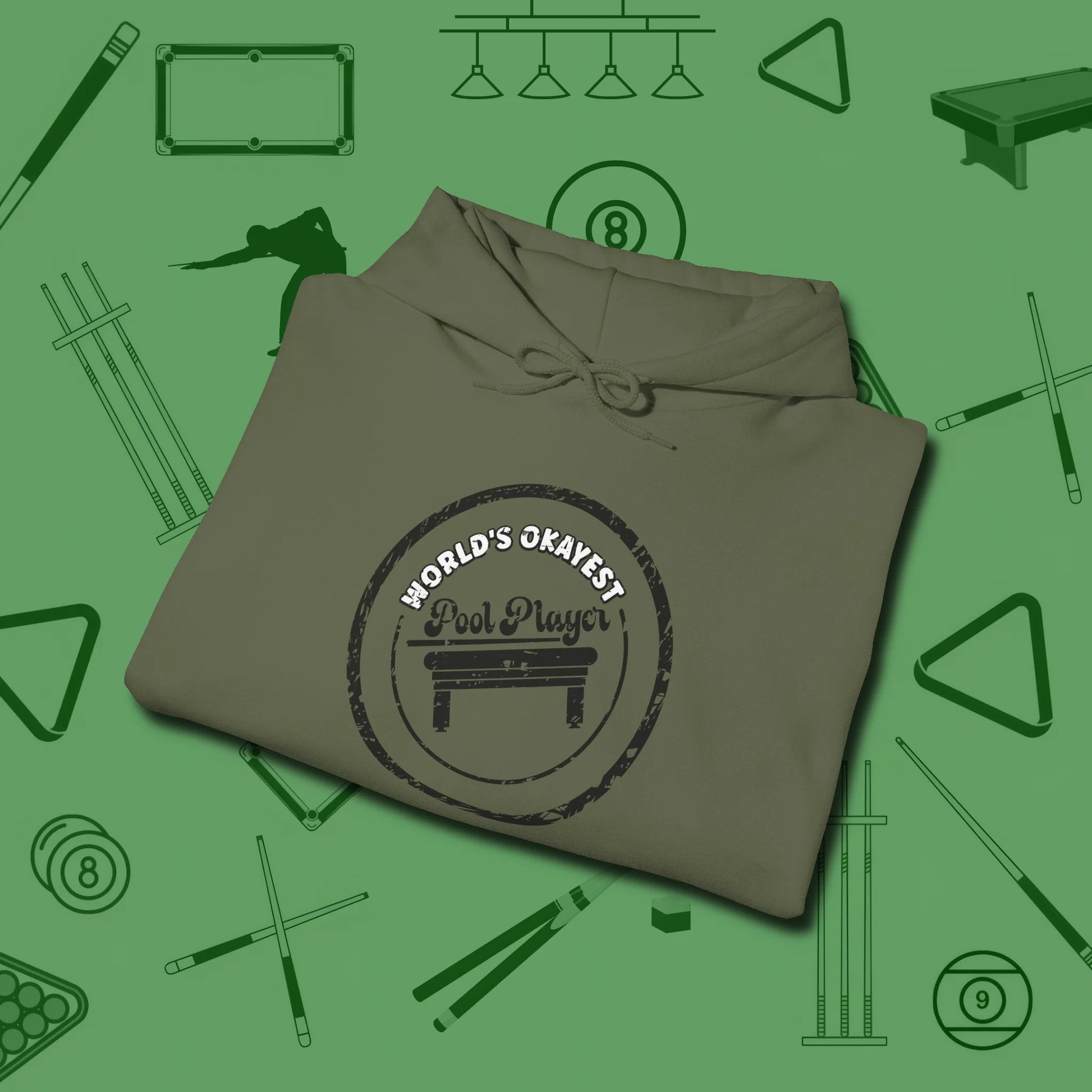 World's Okayest Stamp Hoodie, folded view, in Military Green look good while calling your pocket