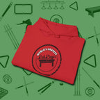 World's Okayest Stamp Hoodie, folded view, in Red cool under pressure, hot on the eyes