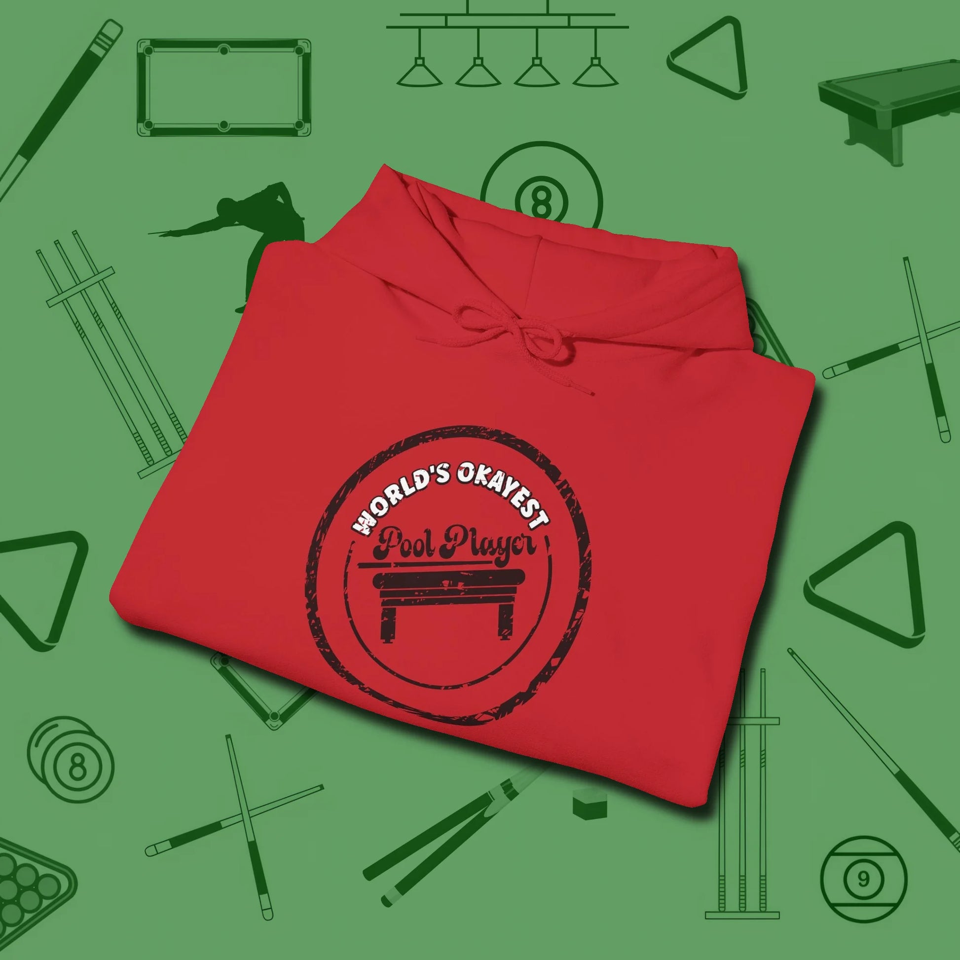 World's Okayest Stamp Hoodie, folded view, in Red cool under pressure, hot on the eyes