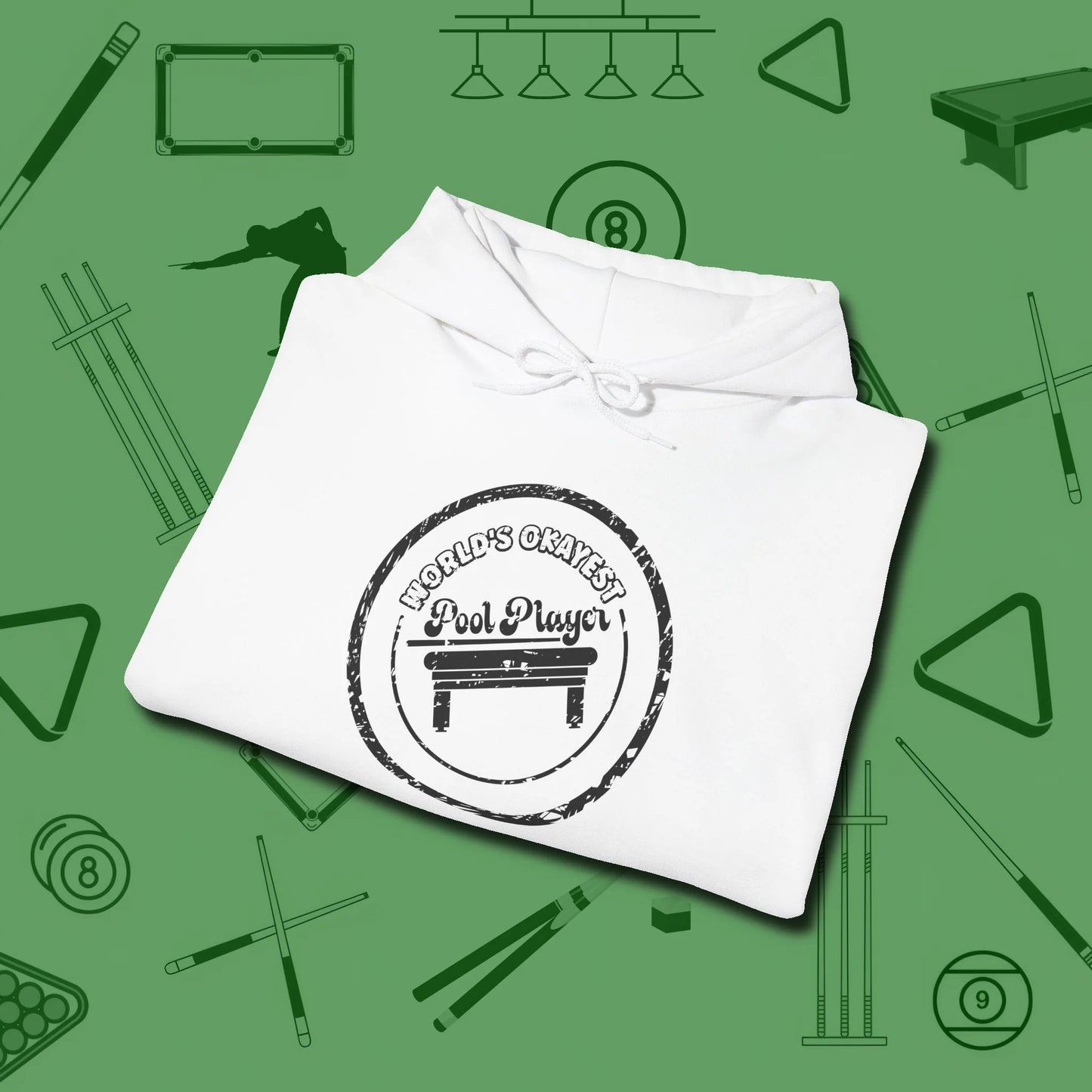 World's Okayest Stamp Hoodie, folded view, in White cue sports swagger done right
