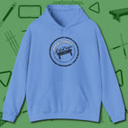 World's Okayest Stamp Hoodie, front view, in Carolina Blue strike fear with swagger and precision