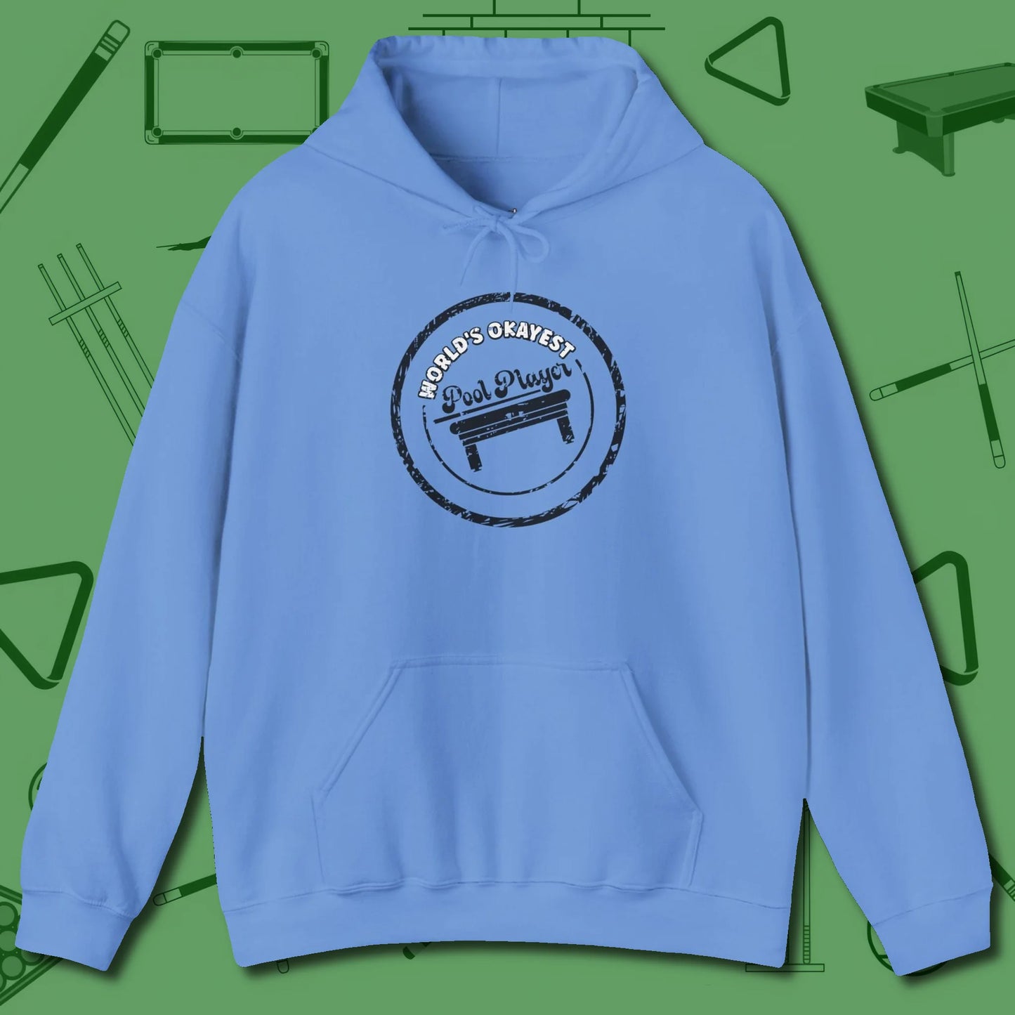 World's Okayest Stamp Hoodie, front view, in Carolina Blue strike fear with swagger and precision