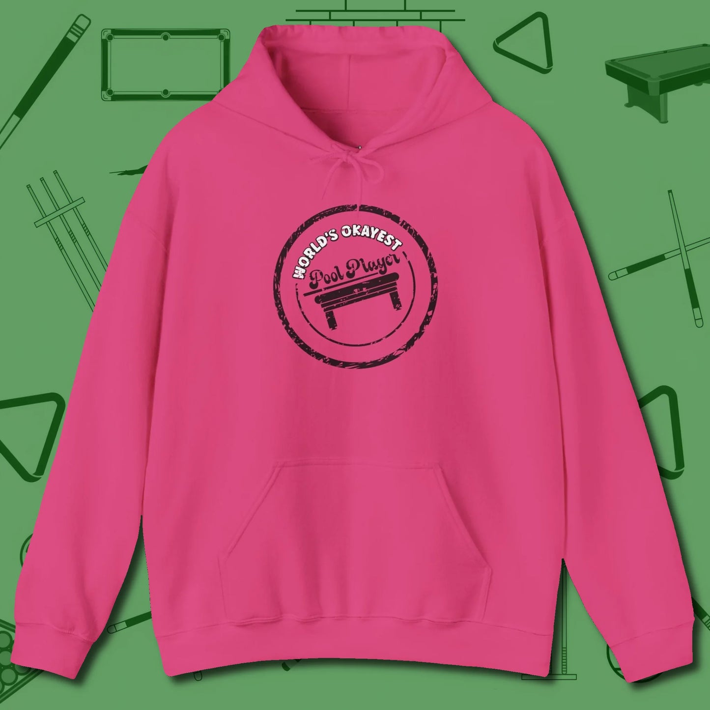 World's Okayest Stamp Hoodie, front view, in Heliconia a clean fit for the dirtiest safeties