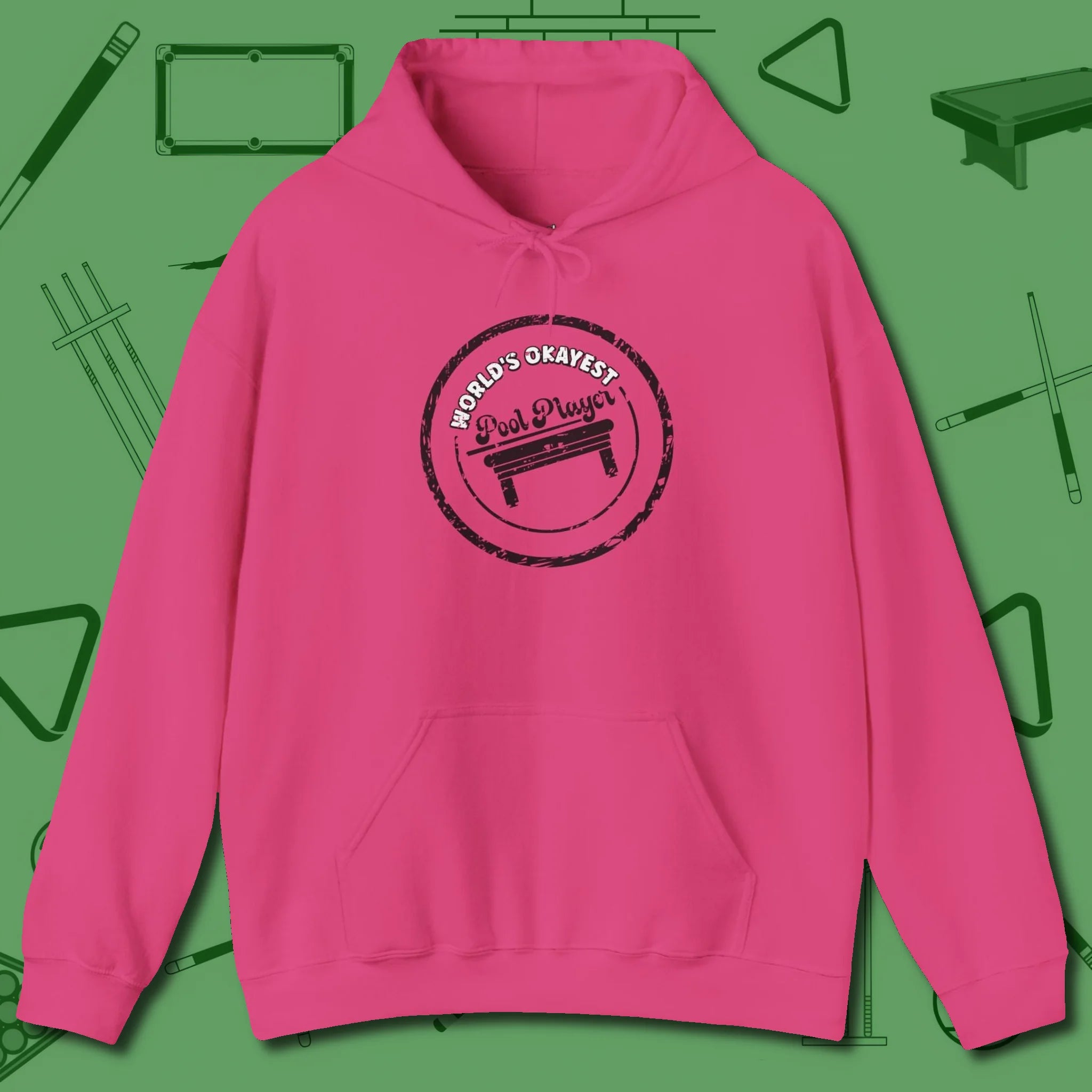 World's Okayest Stamp Hoodie, front view, in Heliconia a clean fit for the dirtiest safeties