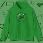 World's Okayest Stamp Hoodie, front view, in Irish Green stitched for cue discipline and cool confidence