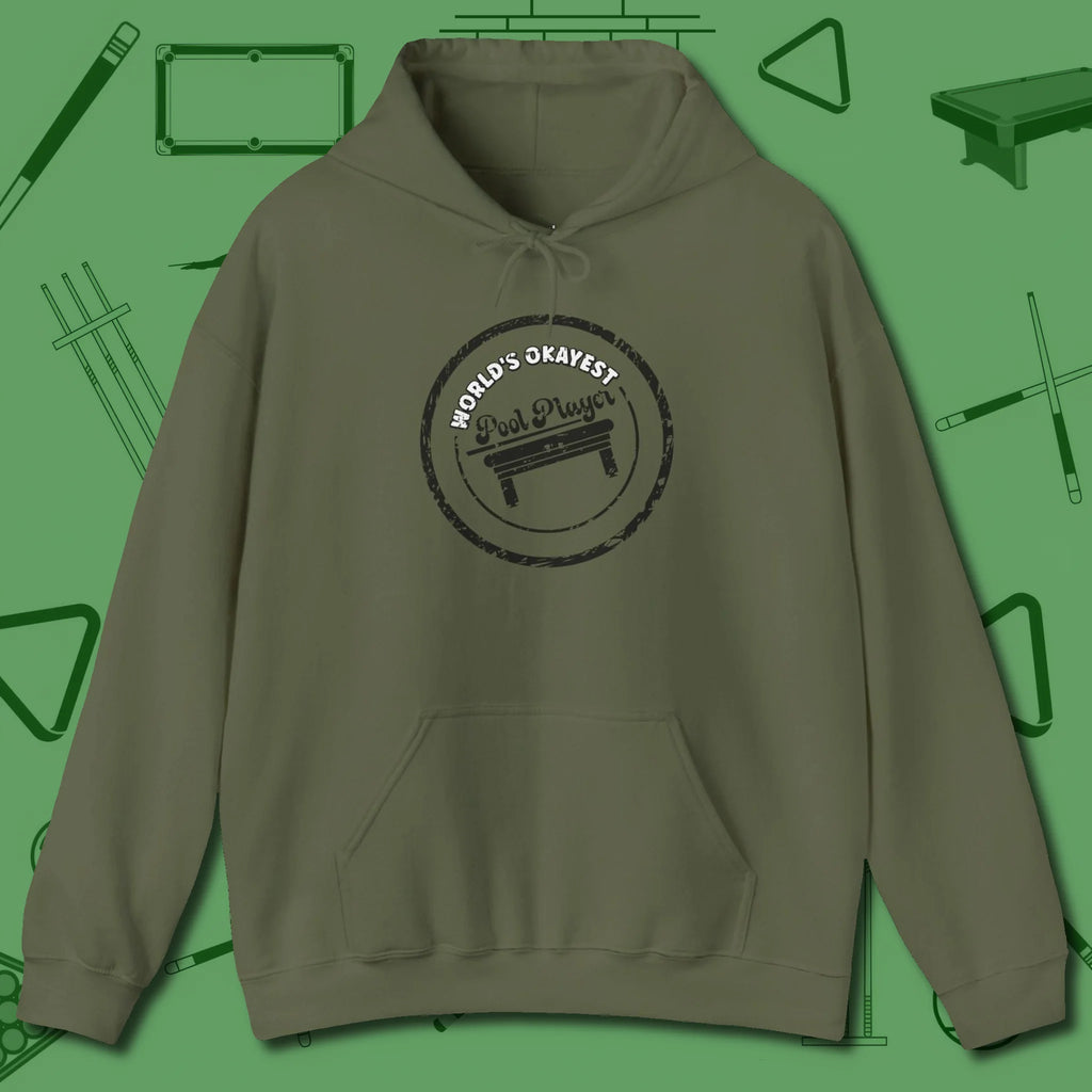 World's Okayest Stamp Hoodie, front view, in Military Green built for bold breaks and quiet confidence