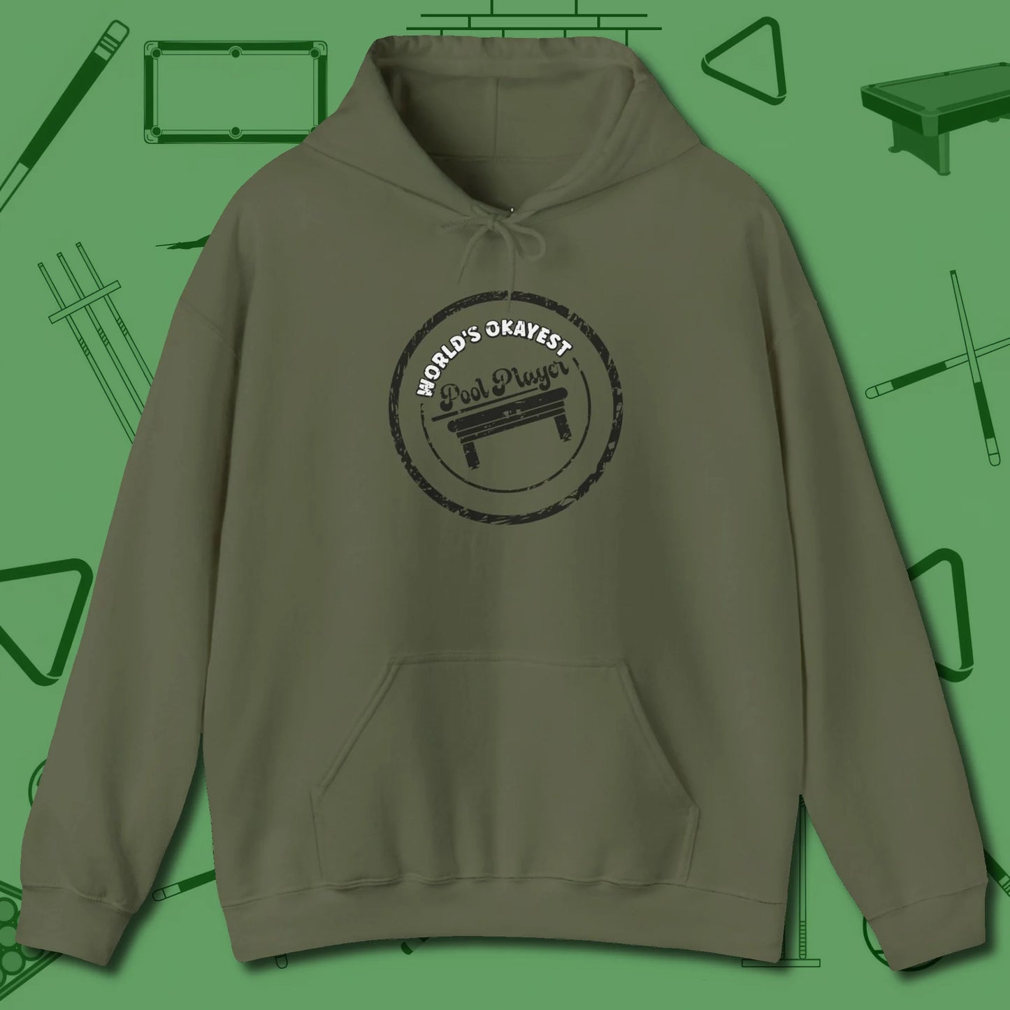World's Okayest Stamp Hoodie, front view, in Military Green built for bold breaks and quiet confidence