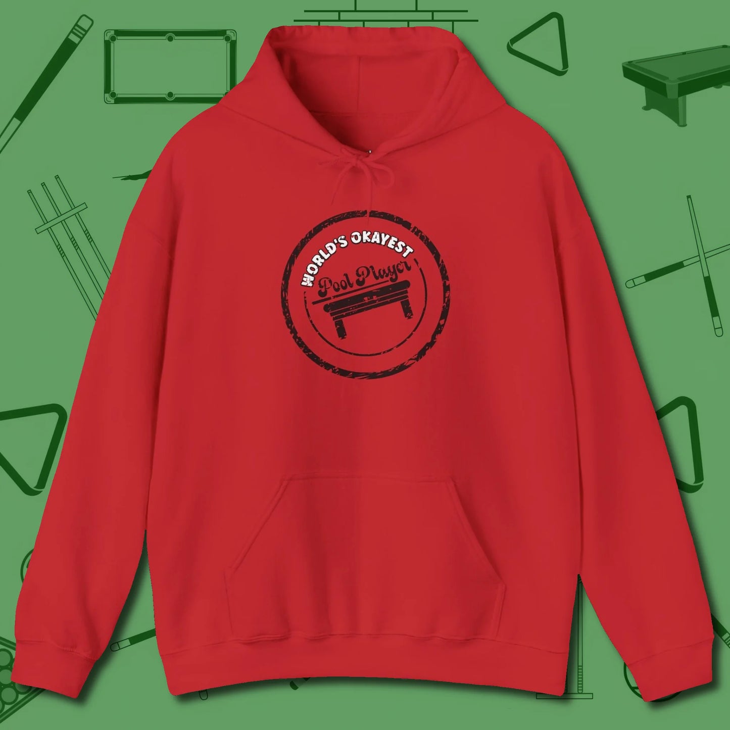 World's Okayest Stamp Hoodie, front view, in Red the shirt that plays position