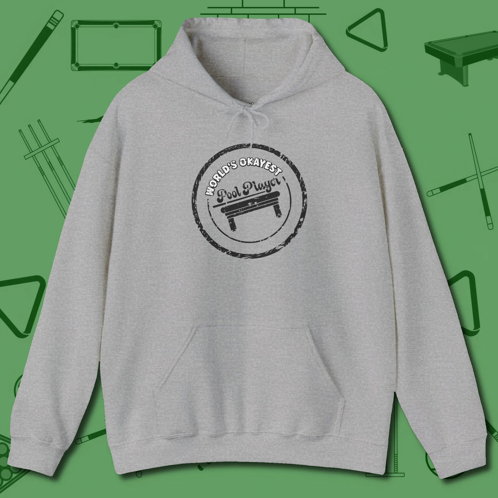 World's Okayest Stamp Hoodie, front view, in Sport Grey because the table is your battlefield