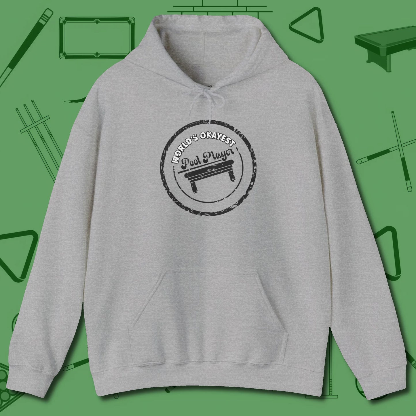 World's Okayest Stamp Hoodie, front view, in Sport Grey because the table is your battlefield