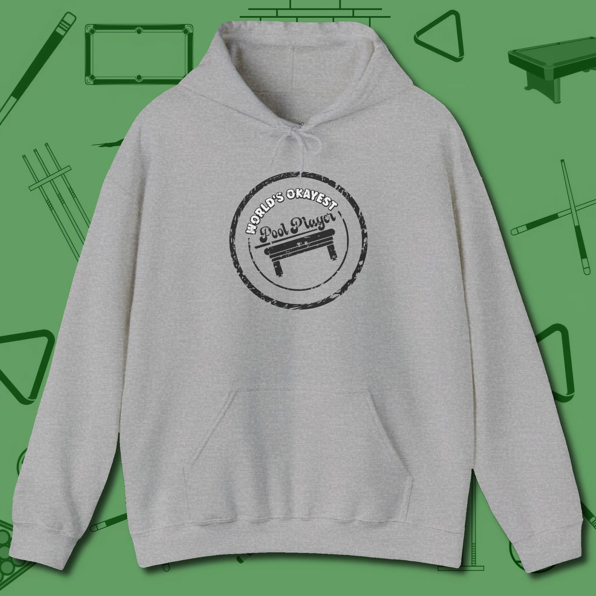 World's Okayest Stamp Hoodie, front view, in Sport Grey because the table is your battlefield