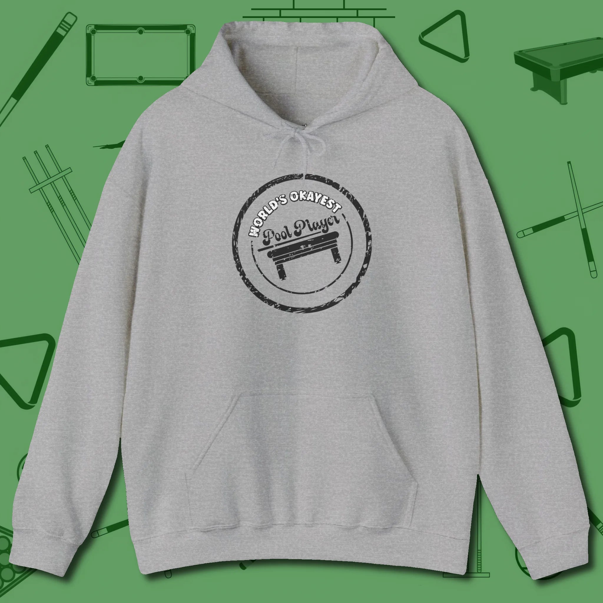World's Okayest Stamp Hoodie, front view, in Sport Grey because the table is your battlefield