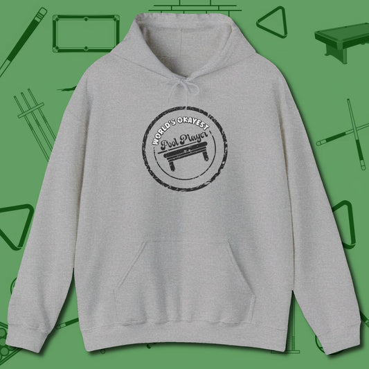 World's Okayest Stamp Hoodie, front view, in Sport Grey because the table is your battlefield