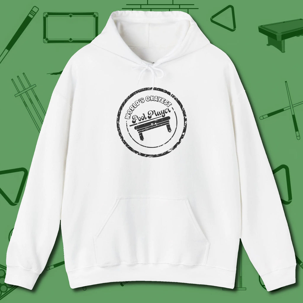 World's Okayest Stamp Hoodie, front view, in White confidence stitched in every seam