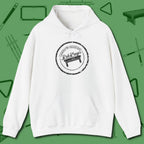 World's Okayest Stamp Hoodie, front view, in White confidence stitched in every seam