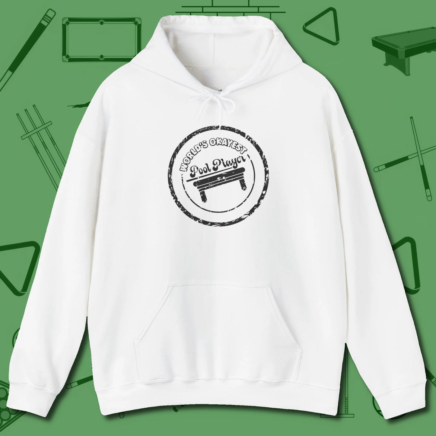 World's Okayest Stamp Hoodie, front view, in White confidence stitched in every seam
